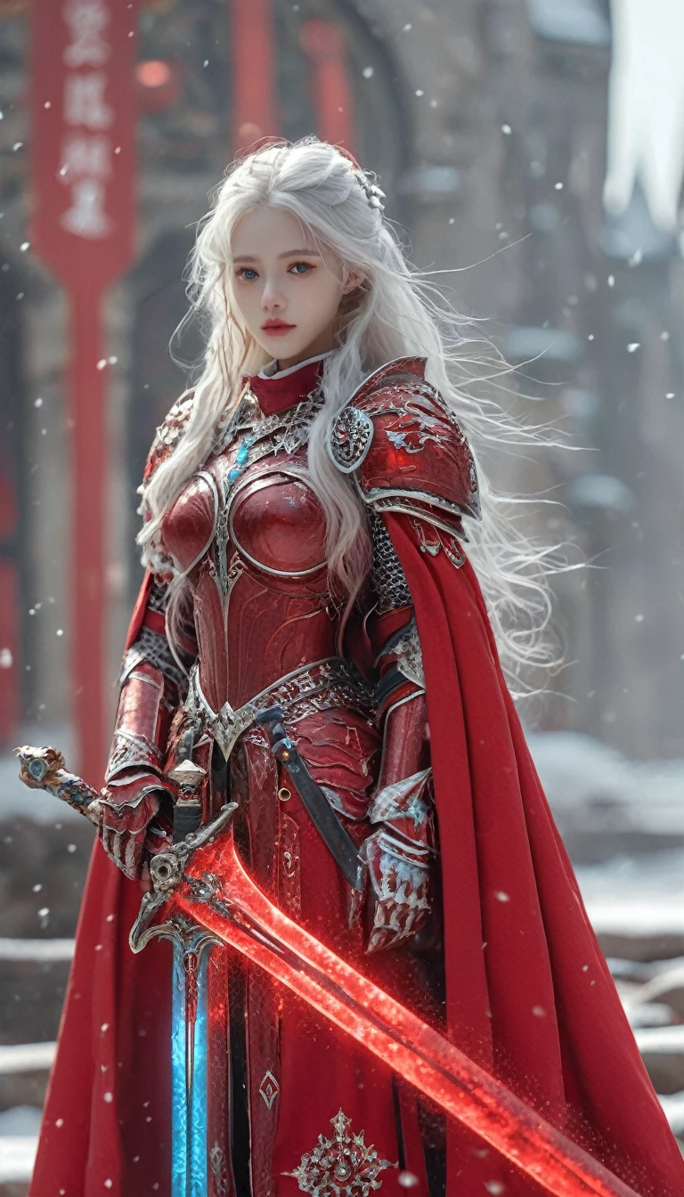 excellent quality, masterpiece, best quality, Ultra Detailed, Extremely detailed, Ultra HD, beautiful girl, Perfect anatomical structure, Perfect body, Model, Fashion pose, Wearing full magical red armor and red cape, Holding a crystal sword, Snowy medieval city, (random color:1.4),
Long hair, Various hairstyles, White hair, black eyes, Glowing eyes,
Extremely detailed, hkstyle