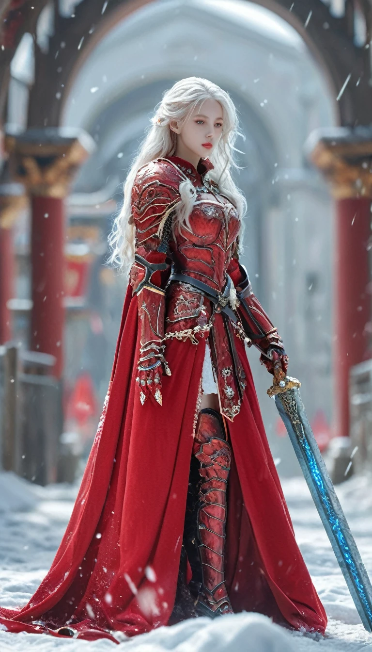 excellent quality, masterpiece, best quality, Ultra Detailed, Extremely detailed, Ultra HD, beautiful girl, Perfect anatomical structure, Perfect body, Model, Fashion pose, Wearing full magical red armor and red cape, Holding a crystal sword, Snowy medieval city, (random color:1.4),
Long hair, Various hairstyles, White hair, black eyes, Glowing eyes,
Extremely detailed, hkstyle