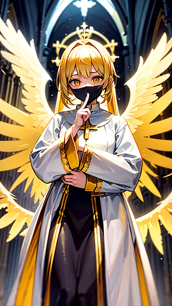 Priest , holds finger at mouth, two wings on her back, gold hair, yellow sparkling eyes, white cute clothes, stands in cathedral