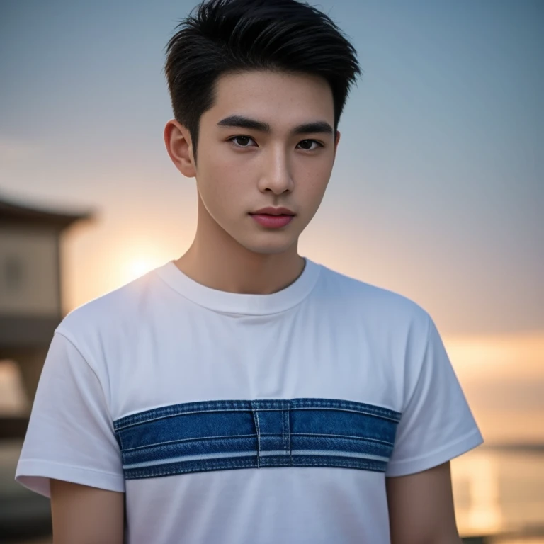 Haraf man looking at camera, perfect has a round face, Southeast Asian man with a round face, 3-D profile picture, 8K, 45,000,000 pixcls, realistic light colors, beautiful young asian man, Asian man, charming anime, Comfortable pose, Anime Asian man in real life, Handsome man with perfect body,Wear a jeans shirt., Freestyle photo of a handsome young man, ผู้Asian manที่สวยงาม, The character is in her natural pose.,
