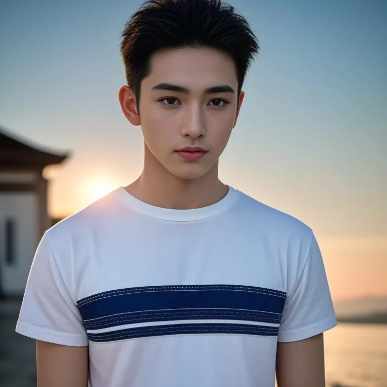 Haraf man looking at camera, perfect has a round face, Southeast Asian man with a round face, 3-D profile picture, 8K, 45,000,000 pixcls, realistic light colors, beautiful young asian man, Asian man, charming anime, Comfortable pose, Anime Asian man in real life, Handsome man with perfect body,Wear a jeans shirt., Freestyle photo of a handsome young man, ผู้Asian manที่สวยงาม, The character is in her natural pose.,