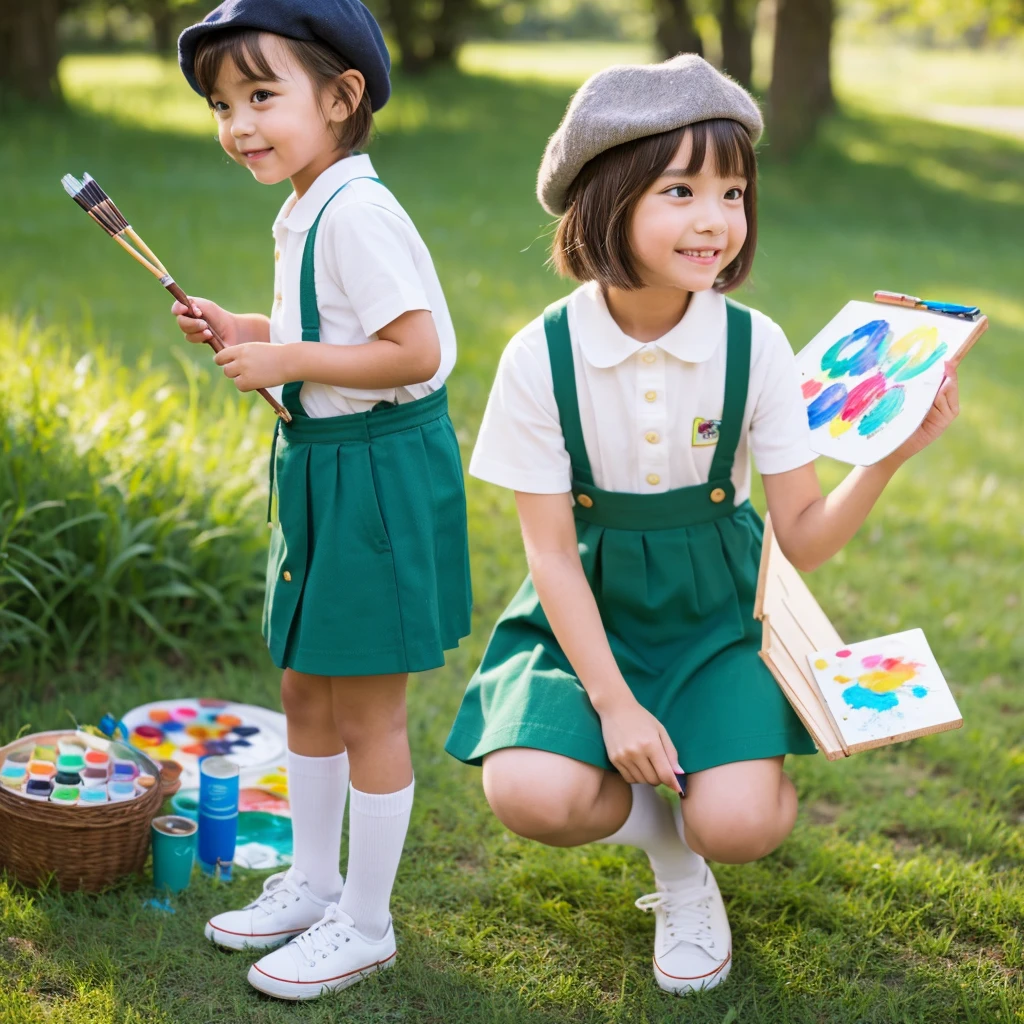 a beautiful young girl with chocolate brown hair in a short japanese bob haircut, wearing a cocoa brown beret painter's hat with a paintbrush insignia, a lime green artist smock over a white shirt, a green belt, a cyan green panel skirt, white socks, and light brown mary jane shoes, in a starry night sky, happily using a magic paintbrush to draw artwork around her that comes to life