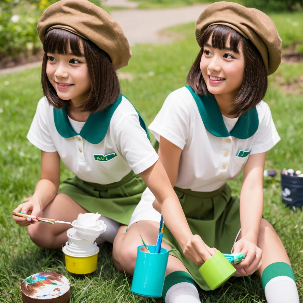 a beautiful young girl with chocolate brown hair in a short japanese bob haircut, wearing a cocoa brown beret painter's hat with a paintbrush insignia, a lime green artist smock over a white shirt, a green belt, a cyan green panel skirt, white socks, and light brown mary jane shoes, in a starry night sky, happily using a magic paintbrush to draw artwork around her that comes to life