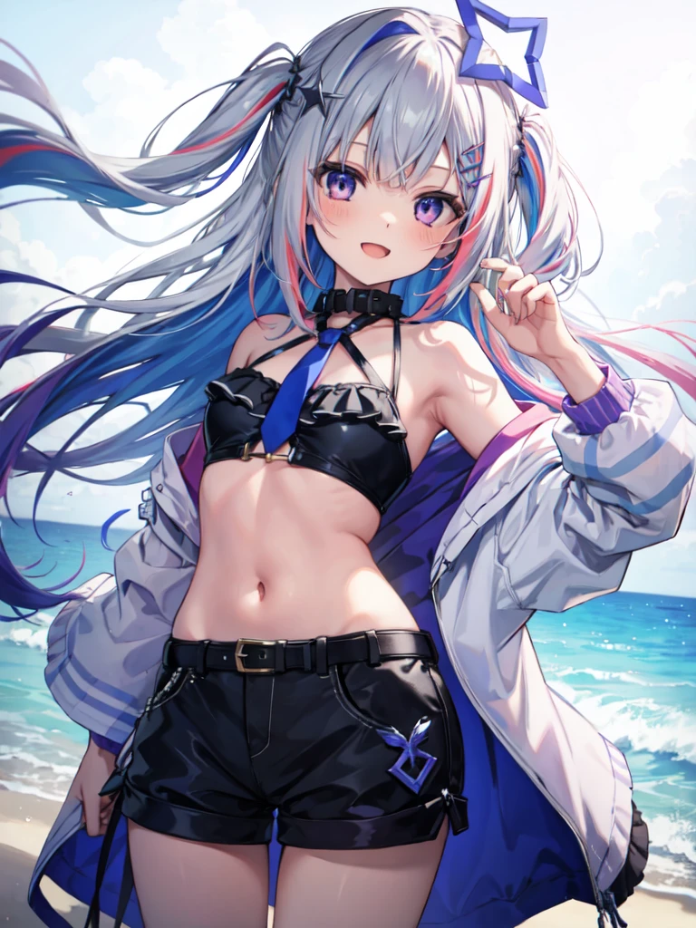 1girl, long hair, multicolored hair, official alternate hair length, grey hair, colored inner hair, blue hair, purple eyes, halo, star halo, hair ornament, looking at viewer, bangs, open mouth, two side up, frills, hairclip, cowboy shot, sea, Short pants bikini, bikini, smile, sexy pose