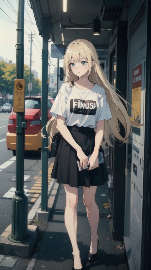 ((best quality)), ((masterpiece)), (detailed), one girl with long blond hair in white t-shirt and black skirt calling with phone in hand on parking lot on gas station.