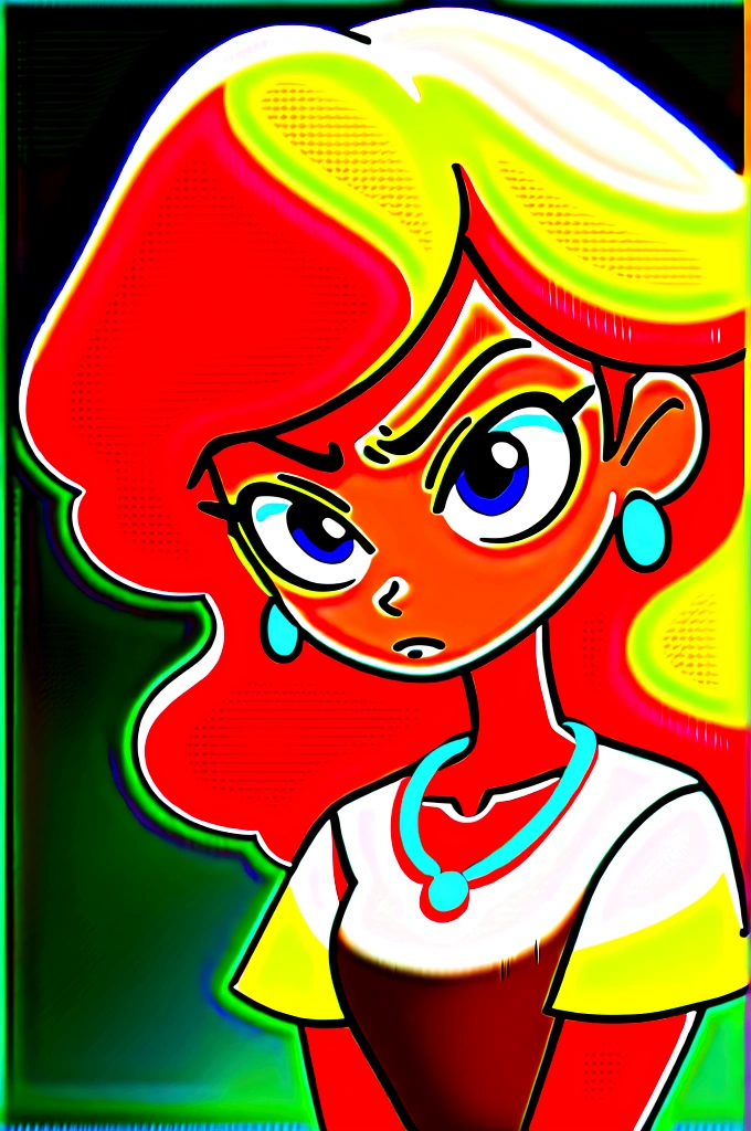 Create a cartoon-style image of a beautiful age girl with curly blonde hair, wearing feminine clothing, a diamond necklace, and diamond earrings