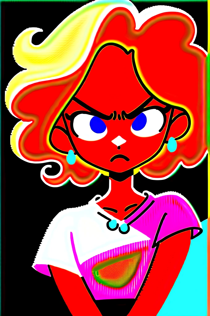 Create a cartoon-style image of a beautiful teenage girl with curly blonde hair, wearing feminine clothing, a diamond necklace, and diamond earrings