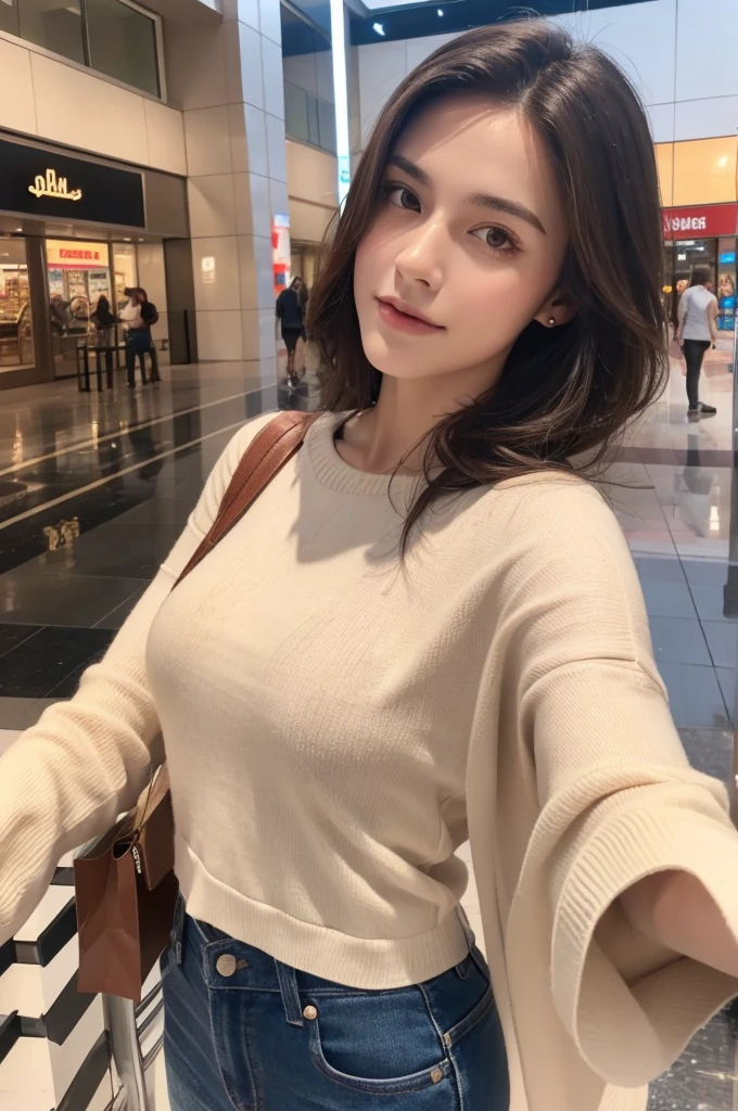 Young handsome slim brunette man taking selfie realistic 8k, in a shopping center, high quality background