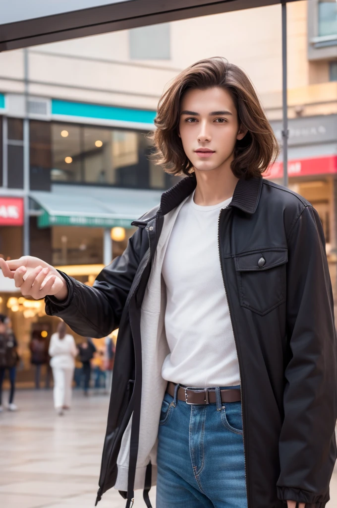 Young handsome slim brunette man taking selfie realistic 8k, in a shopping center, high quality background