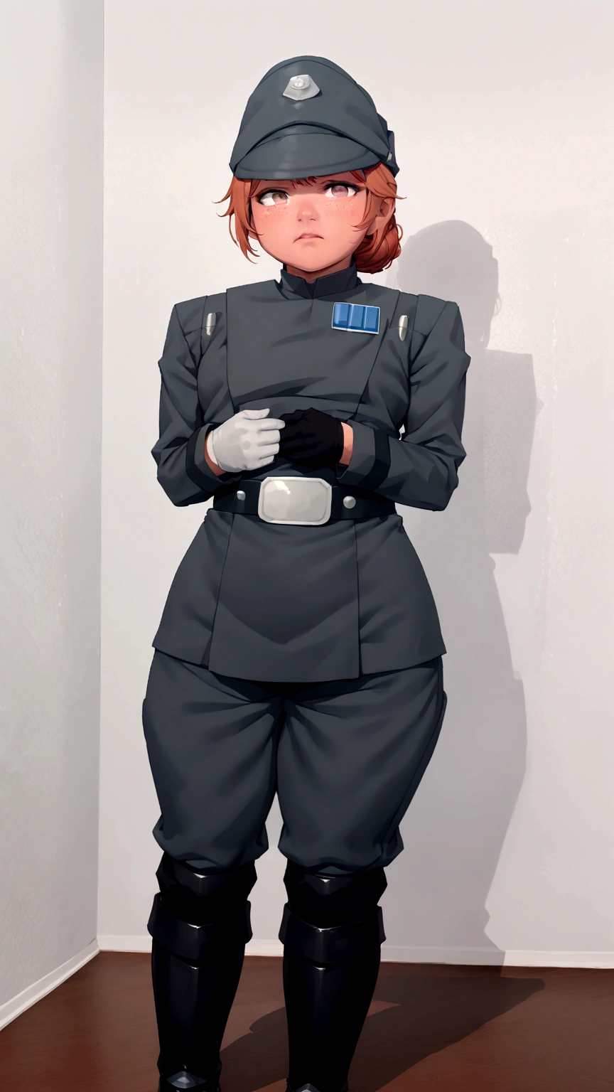 Pretty young ginger girl in olive green imperial officer uniform and hat, hair in bun, pale skin, little orange freckles, narrow squinty eyes