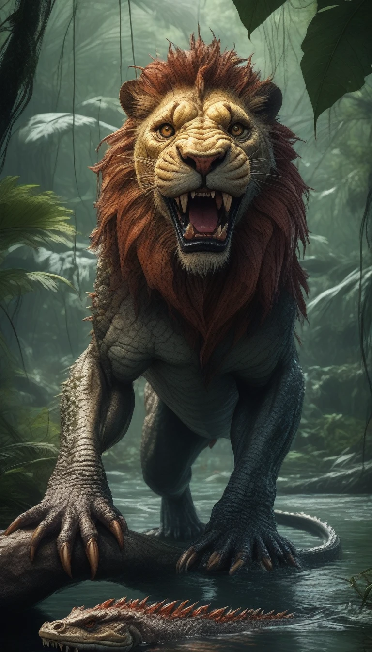 Great Picture Quality, Masterpiece, Best Picture Quality, Super Detail, Ultra Detail, UHD, HDR, DOF, Depth of Field, A cross between a lion and a crocodile, Fictional fearsome creature in a rainforest swamp, With the strength of a lion and the powerful jaws of a crocodile, it wields terror both near water and on land, Full Body