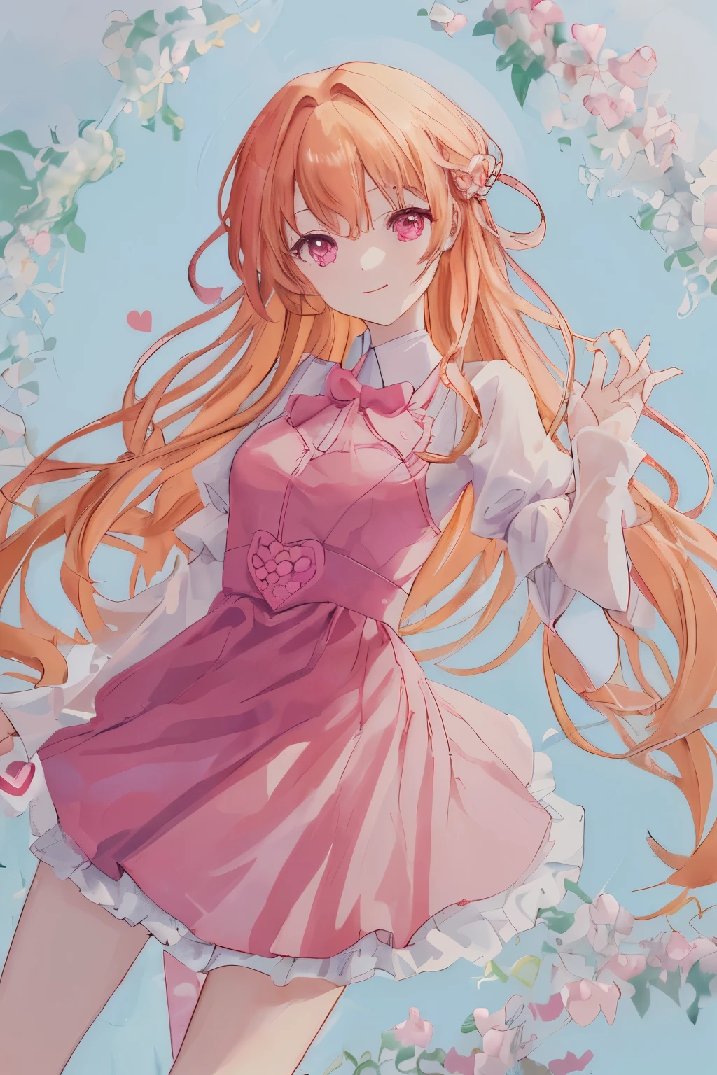 1_girl, (anime, kawai:2), (masterpeice, best_quality, simple, cute, dreamy, vibrant, clean:1.5), (cute, cute_smile, young:1.8), (delicate, beautiful, thin:1.5), (girlfriend, angel:1.6), (green_eyes, simple_eyes:1.5) (long_hair, blond_hair, wearing_pink_dress, pink_angel_wings, sexy_gloves:1.8), extremely_delicate, (love_magic:1.5), (age_size_fits_body), (small_thighs:1.3), (breasts), (eye_level:1.3), (heart_magic, love:1.5), (dancer:1.3)