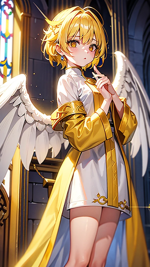 Priest , holds finger at mouth, two wings on her back, gold hair, yellow sparkling eyes, white cute clothes, stands in cathedral, highly detailed