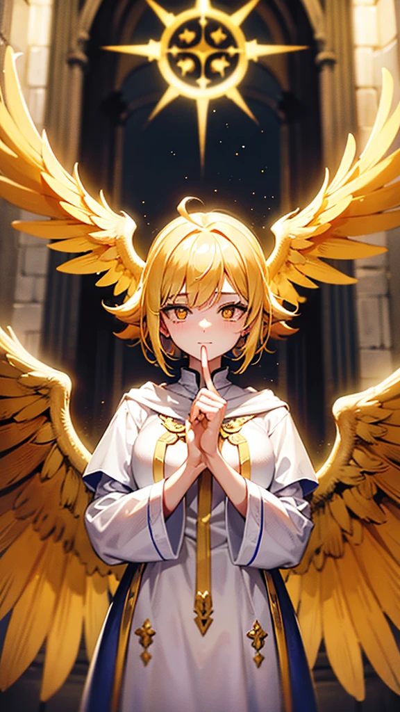 Priest , holds finger at mouth, two wings on her back, gold hair, yellow sparkling eyes, white cute clothes, stands in cathedral, highly detailed