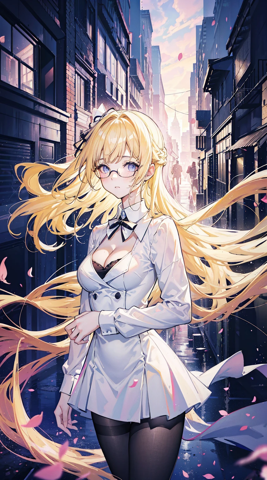 Young and beautiful Kathryn Newton, Glasses, White dress shirt, Very deep neckline, Black Mini Dress, Dark pantyhose, Surreal, , Model figure, Large Breasts, Beautiful breasts, Big Ass, Long hair, Ponytail, Blonde hair, Long legs, 8K, futuristic city, Cherry blossoms, sunrise, LED lighting, Anime style, (((Cleavage)))