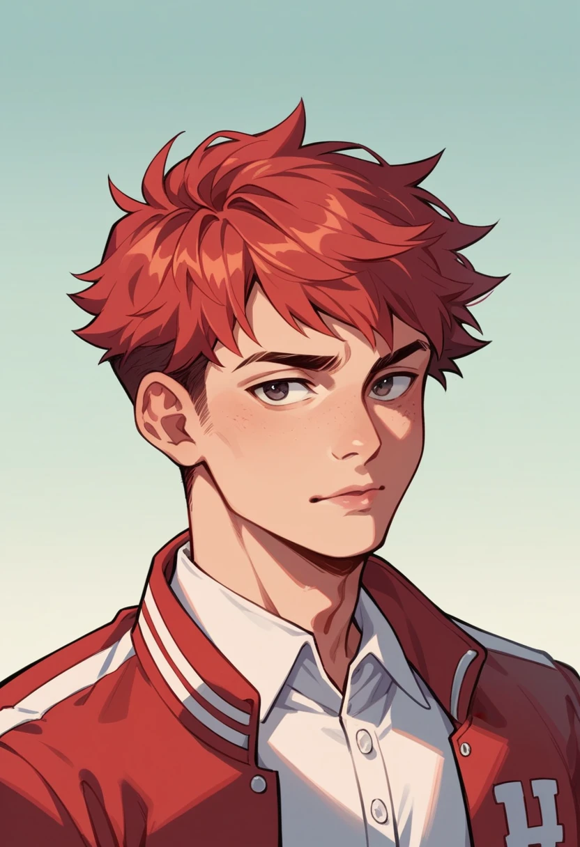 best qualityer, 1 young boy, standing alone, Cartoon portrait ,  fund,  shorth hair,   pink lips, Red hair, wearing red varsity jacket