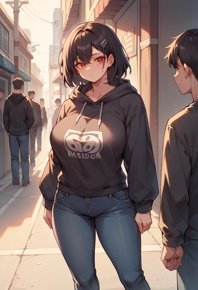 1 girl, black hair, red eyes, large breasts, curvy body, wearing black hoodie, black jeans, standing in the streets, full detail property and many people