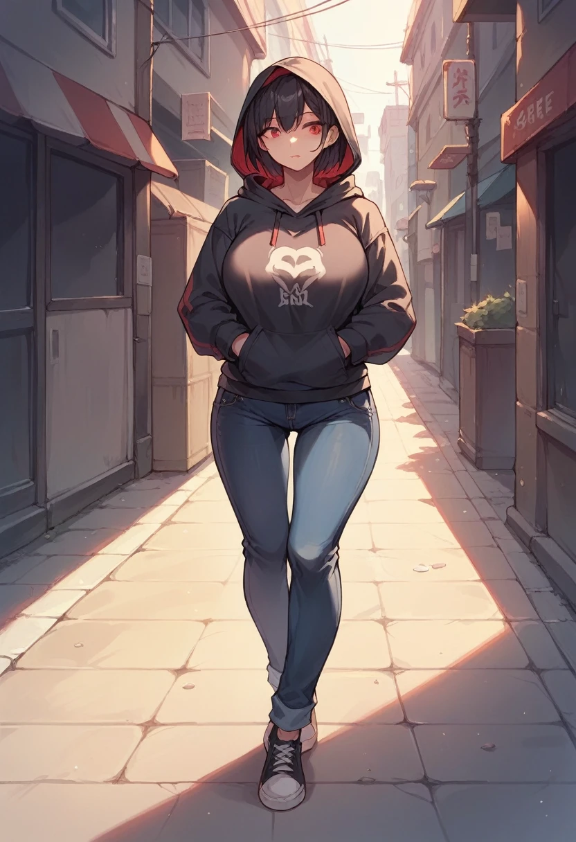 1 girl, black hair, red eyes, large breasts, curvy body, wearing black hoodie, black jeans, standing in the streets, full detail property and many people 