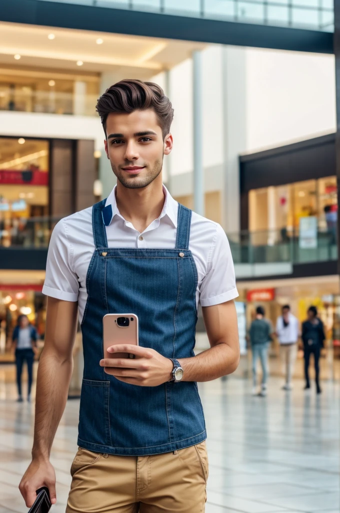Young handsome slim brunette man taking selfie realistic 8k, in a shopping center, high quality background