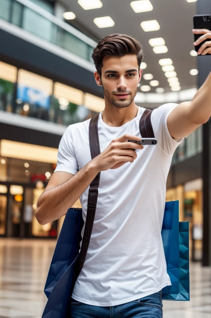 Young handsome slim brunette man taking selfie realistic 8k, in a shopping center, high quality background