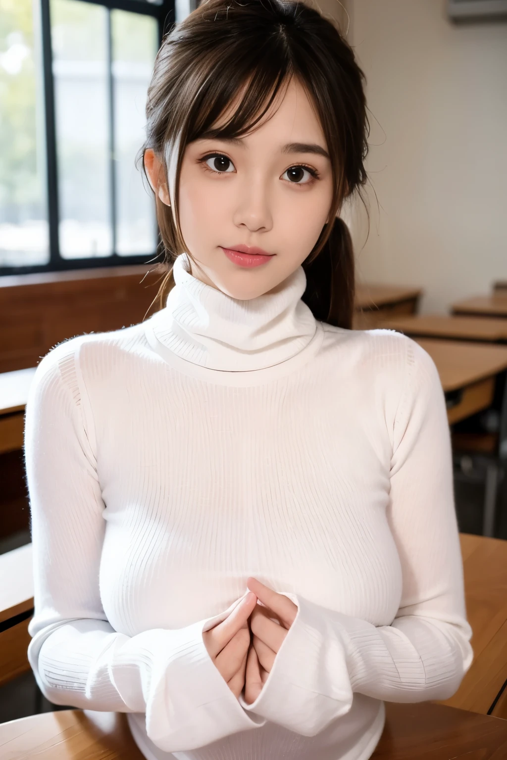 masterpiece,best quality,1girl, upper body, paizuri_under_clothes, PUC, 1boy, paizuri, blush, large_breasts,White Turtleneck knitted sweater,in classroom,blur background,background defocus