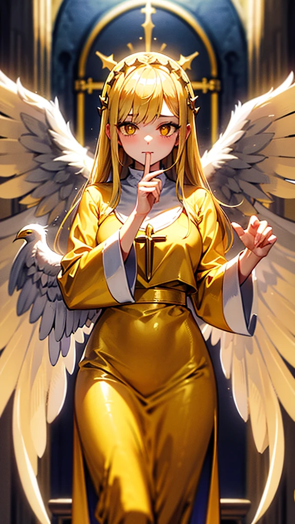 Priest , holds finger at mouth, two wings on her back, gold hair, yellow sparkling eyes, white cute clothes, stands in cathedral, highly detailed