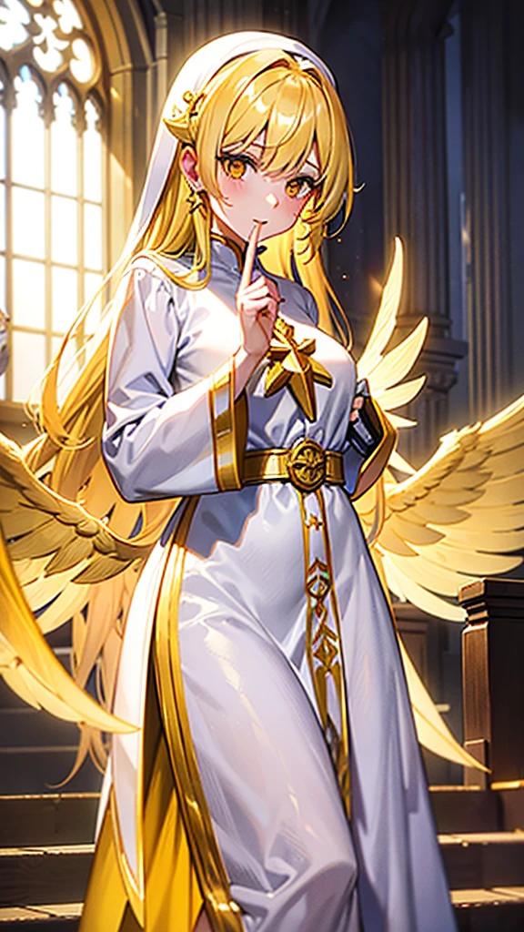 Priest , holds finger at mouth, two wings on her back, gold hair, yellow sparkling eyes, white cute clothes, stands in cathedral, highly detailed