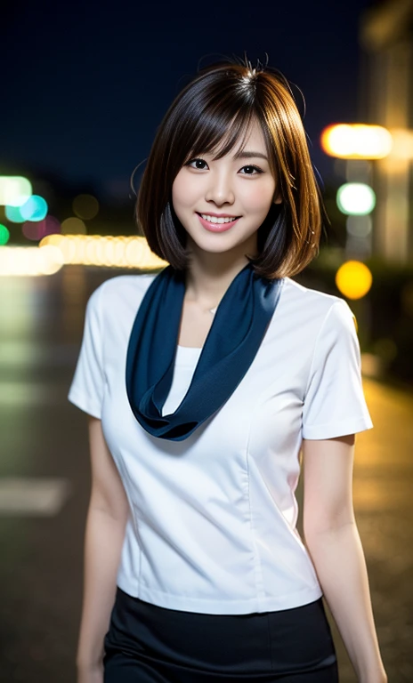 (A gorgeous American-Chinese advanced practice nurse, age 28, wearing formal office attire, short-sleeve white shirt with cyan scarf, sky-blue pencil skirt, walking gracefully as a spokesperson for sea conservation, friendly and kind expression, gentle smile, dimpled smile, cute snaggle-tooth, Korean_Bob_Haircut_Side_Bangs_Sophistication, symmetrical face, very beautiful detailed face, beautiful eyes, detailed eyes, ample round bosom, perfect body proportions, photorealistic, hyper-realism, high contrast, ultra HD, realistic skin textures, top image quality, top-quality, super high resolution, fine details, very meticulously, masterpiece, head to knees, the cowboy shot, romantic atmosphere, bokeh night background) #MetaAI #CiciAi #CaptainPlanet