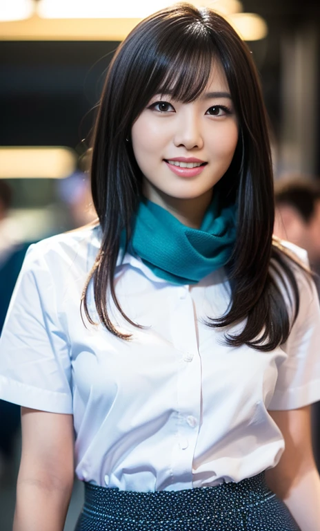 (A gorgeous American-Chinese advanced practice nurse, age 28, wearing formal office attire, short-sleeve white shirt with cyan scarf, sky-blue pencil skirt, walking gracefully as a spokesperson for sea conservation, friendly and kind expression, gentle smile, dimpled smile, cute snaggle-tooth, Korean_Bob_Haircut_Side_Bangs_Sophistication, symmetrical face, very beautiful detailed face, beautiful eyes, detailed eyes, ample round bosom, perfect body proportions, photorealistic, hyper-realism, high contrast, ultra HD, realistic skin textures, top image quality, top-quality, super high resolution, fine details, very meticulously, masterpiece, head to knees, the cowboy shot, romantic atmosphere, bokeh night background) #MetaAI #CiciAi #CaptainPlanet