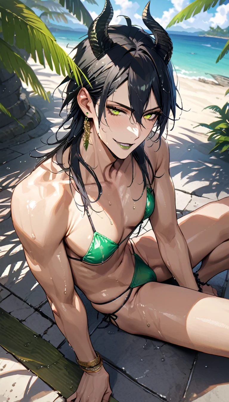 masterpiece, highres, absurdres, illustration, ((masterpiece:1.4, best quality)), (Ultra detailed background), 1boy, handsome man, highly detailed beautiful face and eyes, beautiful eyes, (sharp detail:1.3), shiny, earrings, bracelet, (wet bikini:1.3), Bari, Cebu Island, plumeria, near the beach, 1boy, sitting on floor, dynamic angle, full body, malleus draconia (twisted wonderland) horns, bishounen, boy, male, yana Toboso style, long hair, black hair, yellow green eyes, smile, gray lips, handsome, skinny, tall, yellow green glow,AddXL