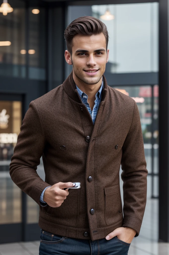 Young handsome slim brunette man taking selfie realistic 8k, in a shopping center, high quality background