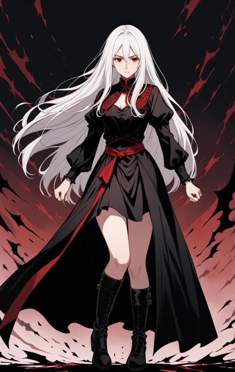 Girl, 20 years old, with long white hair down to below her waist, a serious yet tender expression, and red eyes. Her hair features black streaks. She wears antique-style clothing, a long black dress with a slit on the legs, and high black boots that almost reach her knees. Her power and background are related to shadows and darkness. dark escense, figth stance