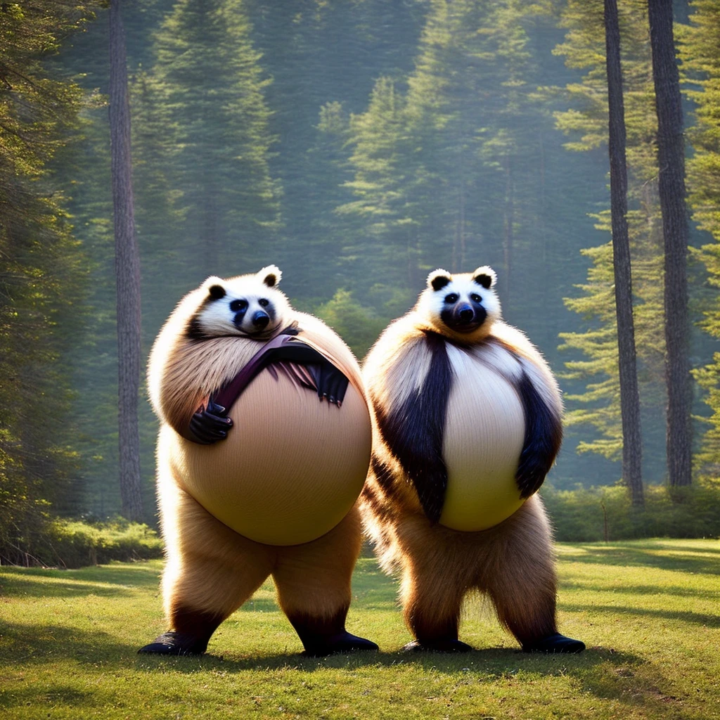 Furry, raccoon dog, man, very fat, Very big belly, naked, very large eggs, small