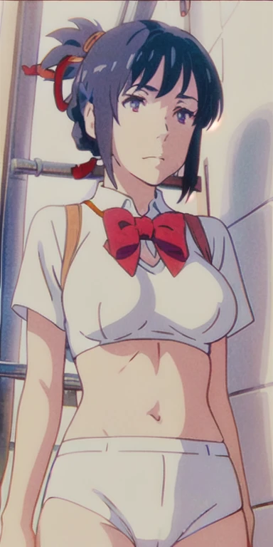 miyamizu_mitsuha, red bowtie,
jewelry, white yoga crop top, white yoga tight shorts, hands on chest,see-through, looking at viewer,  hair ornament, choker, shy,
(masterpiece, top quality, best quality, official art, beautiful and aesthetic:1.2), (1 girl), extreme detailed,  colorful, highest detailed,
(huge breasts:1.2, upper body, from below,  cameltoe,  ) white panties,
china city,street,  sun, cloud, wall, leaning,