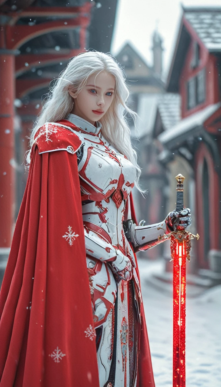 excellent quality, masterpiece, best quality, Ultra Detailed, Extremely detailed, Ultra HD, beautiful girl, Perfect anatomical structure, Perfect body, Model, Fashion pose, Wearing a magical red mecha and red cape, With a laser sword, Snowy medieval city, (random color:1.4),
Long hair, Various hairstyles, White hair, black eyes, Glowing eyes,
Extremely detailed, hkstyle