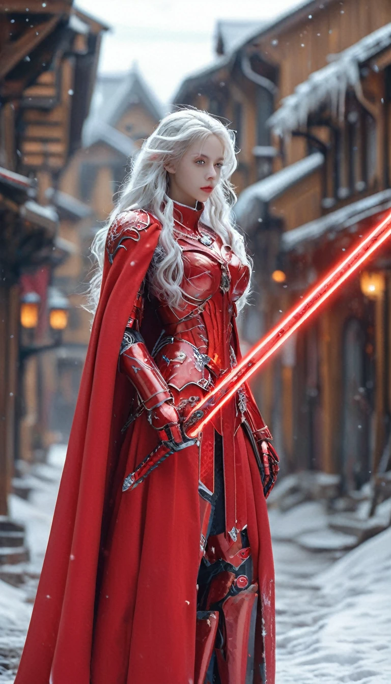 excellent quality, masterpiece, best quality, Ultra Detailed, Extremely detailed, Ultra HD, beautiful girl, Perfect anatomical structure, Perfect body, Model, Fashion pose, Wearing a magical red mecha and red cape, With a laser sword, Snowy medieval city, (random color:1.4),
Long hair, Various hairstyles, White hair, black eyes, Glowing eyes,
Extremely detailed, hkstyle