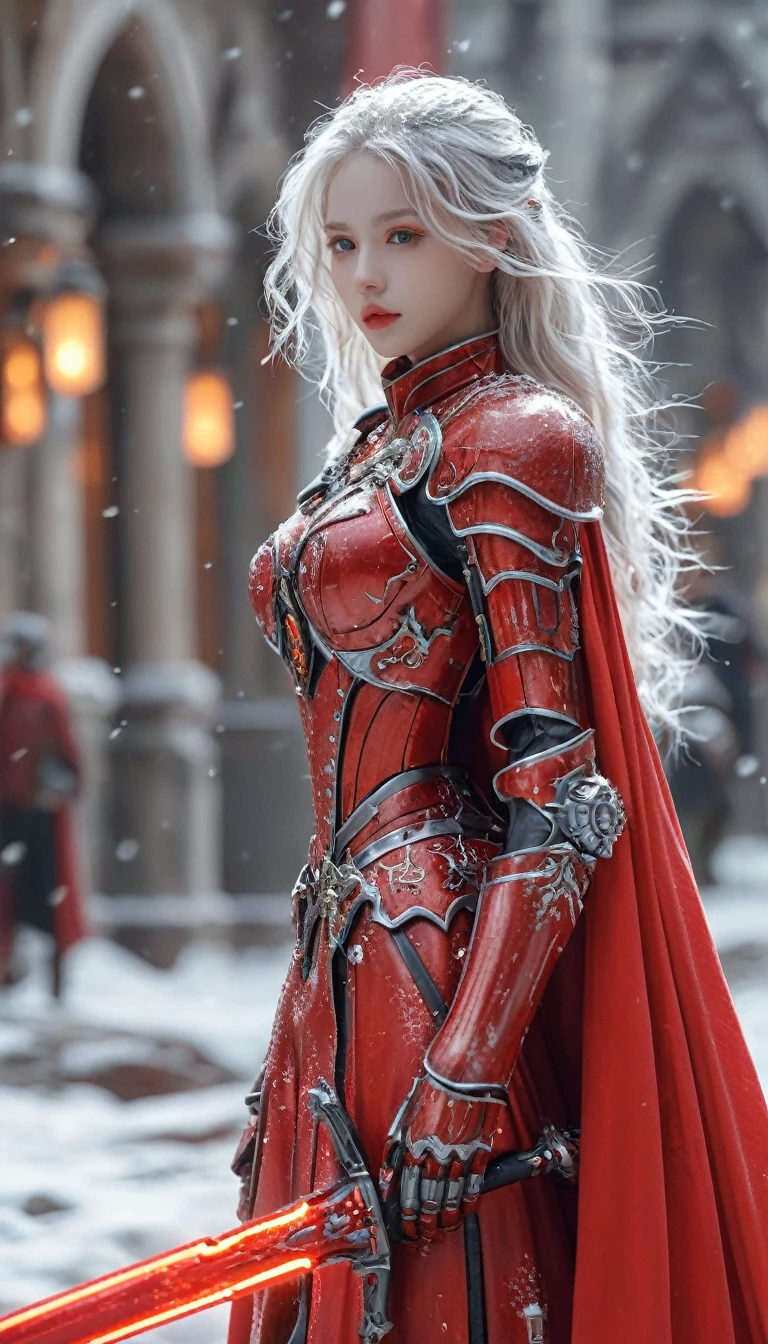 excellent quality, masterpiece, best quality, Ultra Detailed, Extremely detailed, Ultra HD, beautiful girl, Perfect anatomical structure, Perfect body, Model, Fashion pose, Wearing a magical red mecha and red cape, With a laser sword, Snowy medieval city, (random color:1.4),
Long hair, Various hairstyles, White hair, black eyes, Glowing eyes,
Extremely detailed, hkstyle