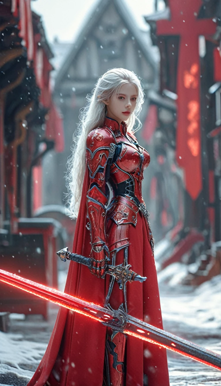 excellent quality, masterpiece, best quality, Ultra Detailed, Extremely detailed, Ultra HD, beautiful girl, Perfect anatomical structure, Perfect body, Model, Fashion pose, Wearing a magical red mecha and red cape, With a laser sword, Snowy medieval city, (random color:1.4),
Long hair, Various hairstyles, White hair, black eyes, Glowing eyes,
Extremely detailed, hkstyle