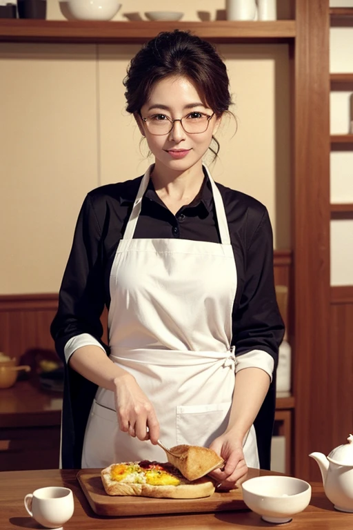 Highest quality、masterpiece、High sensitivity、High resolution、Detailed Description、Bewitching Woman、Slim Body、Glasses、Apron appearance、Make breakfast、