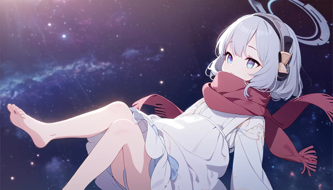 (((masterpiece))), (((best quality))),(((high detail))),light manipulation, girl with silver hair, gradient purple to sky blue eyes, wearing a white dress, a red scarf, (((loli))), (((child))) , galaxy background, holding a teddy bear, feet, no footwear