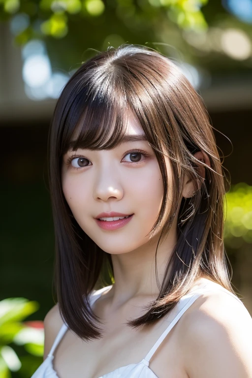 1girl, early , (RAW photo, top quality), (realistic, photo-realistic:1.4), masterpiece, very delicate and beautiful, highly detailed, 2k wallpaper, amazing, finely detailed, highly detailed CG unity 8k wallpaper, super detailed, high resolution, soft light, Beautiful detailed girl, highly detailed eyes and face, Beautiful detailed nose, Beautiful detailed eyes, film lighting, sunlight, perfect anatomy, ((smile)), (medium hair), pale skin, looking at viewer, medium small breasts,se, blush, round eyes, small medium breasts, perfec black hair,