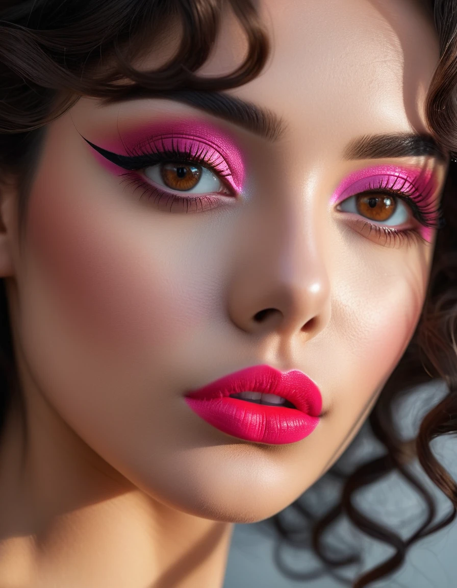 photorealistic Realism 16K Quality: ((((Ultra resolution, absurd detailed detail quality, absurd quality details clear non blurry and sharp perfectly round realistic brown_eyes:1.35)), extremely detailed:1.35)), ((super realistic sharp-eyes)), (tired and sleepy and satisfied:0.0), (close up of a woman's eyes), finely detailed pupils,BREAK,detailed lips:1.3,(pink_makeup:1.35),(red_lipstick:1.28),(perfect dark_eyeshadows:1.3),(Insanely detailed makeup on eyes:1.3), iridescent eyes, with professional makeup, vibrant eyes:1.2,([long(lashes)|perfect(eyeshadows)]:[blue|pink]), (super Detailed, beautiful little nose:1.2), (perfect composition), Depth of field, cinematic light, Lens flare, (extremely beautiful lips, eyes), a cute 1model:1.4 24yo, dslr, best high quality soft lighting, sharp focus captured by Fujifilm XT3, f 5.6, in a dramatic lighting, ((extremely beautiful cute sharp-face)), ((V-line jaw)), (light pale complexion), ((finely detailed pupils:1.4)), Perfekt makeup:1.35, ((detailed symmetrical lips:1.3)), pink_lipstick:1.3, ((long eyeliner), extreme detailed:1.3), ((perfect dark_eyeshadows:1.35)), (Detailed nose:1.2), (perfect composition), (best high quality realistic texture skin), ((best high quality realistic texture long black hair, (curly waves), hyper Intricate details:1.45)), (Super beautiful body), (perfect female body:1.4), (small round head:1.4 (anatomically correct)), slim face, beautiful cheekbones, ((slim-muscled body:1.24)), ((firm and full breasts)), (super detailed professional makeup on face:1.3), perfect composition, (pale skin), ((dry skin)), (photorealistic, 4k,8k, insanel realistic details, masterpiece), vibrant:1.2, (Upper body shot), ((highly elaborate extravagant microscopic street outfit:1.25)), perfect composition, ((look at the viewer)), Hasselblad, 85mm f/4.0
