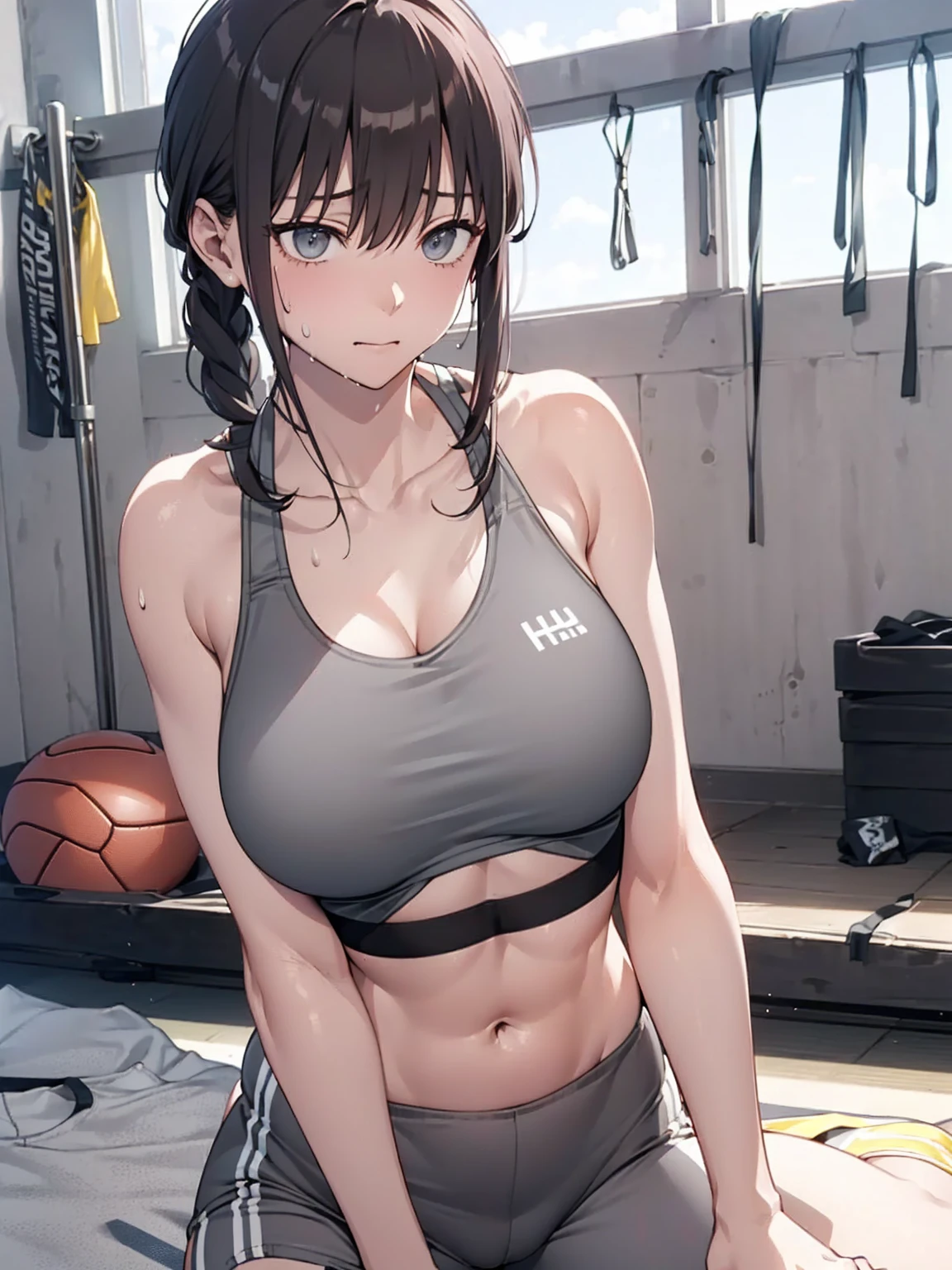 (Sweat, White skin:1.5、Light gray sports bra, Black stained clothing:1.5), cameltoe, Brand logo on the bra, Fitness, Bodybuilding Poses, ((ブラにSweat染み:1.5, Sweatで濡れている, Sweat染み, stain on grey sports bra:1.3)),Big Breasts, Sturdy body