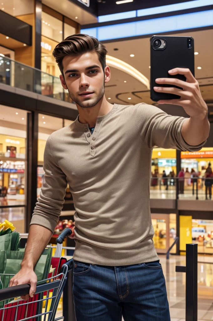 Young handsome slim brunette man taking selfie realistic 8k, in a shopping center, high quality background