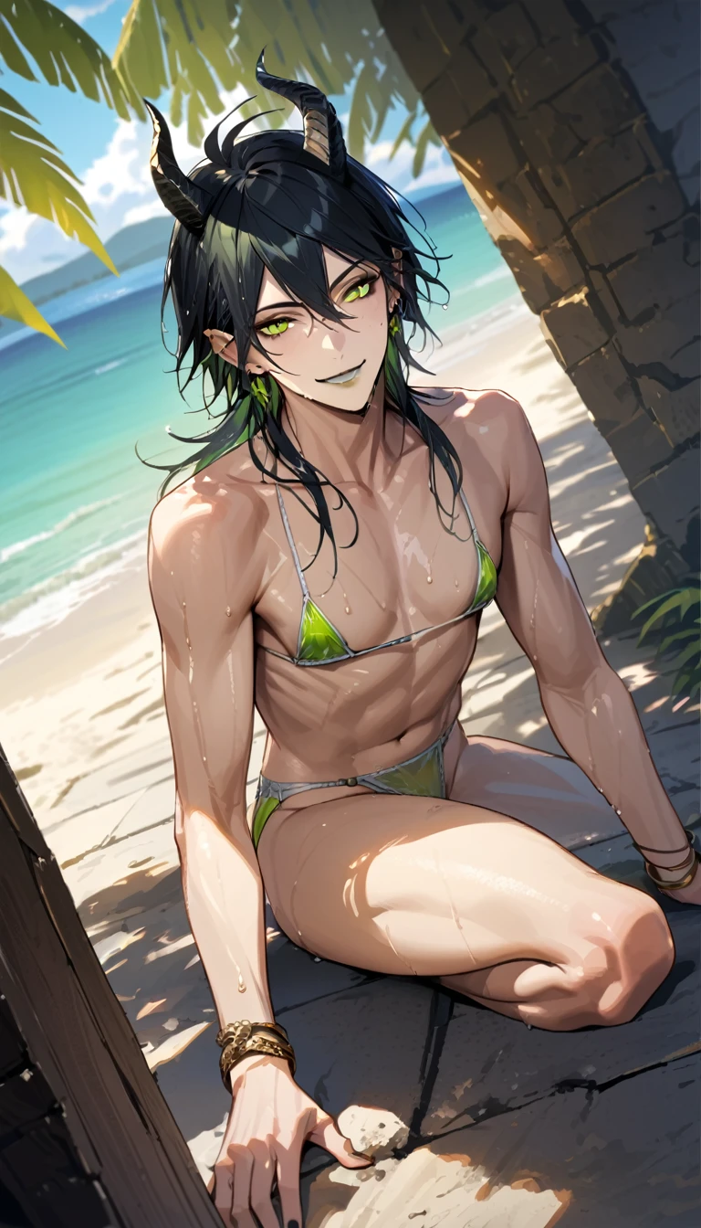 masterpiece, highres, absurdres, illustration, ((masterpiece:1.4, best quality)), (Ultra detailed background), 1boy, handsome man, highly detailed beautiful face and eyes, beautiful eyes, (sharp detail:1.3), shiny, earrings, bracelet, (wet bikini:1.3), Bari, Cebu Island, plumeria, near the beach, 1boy, sitting on floor, dynamic angle, full body, malleus draconia (twisted wonderland) horns, bishounen, boy, male, yana Toboso style, long hair, black hair, yellow green eyes, smile, gray lips, handsome, skinny, tall, yellow green glow,AddXL