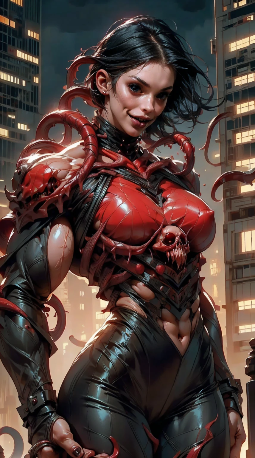 Megan fox as female carnage, (red carnage skinless muscular physique:1.25), (carnage anatomy with exposed muscles and veins:1.25), (hair tentacles:1.25), (mouth wide open with tongue out, carnage style), standing atop a high skyscraper at night, Realistic, Very detailed face and eyes, (masterpiece:1.1), (best quality:1.1), (beautiful girl face:1.45)