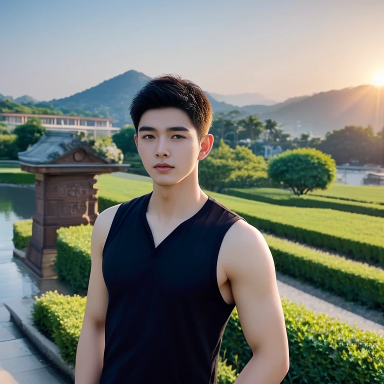 Haraf man looking at camera, perfect has a round face, Southeast Asian man with a round face, 3-D profile picture, 8K, 45,000,000 pixcls, Warm light, realistic light colors, beautiful young asian man, Asian man, charming anime,  Comfortable pose, Anime Asian man in real life, Handsome man with perfect body,Wear a jeans shirt., Freestyle photo of a handsome young man, ผู้Asian manที่สวยงาม, The character is in her natural pose., 