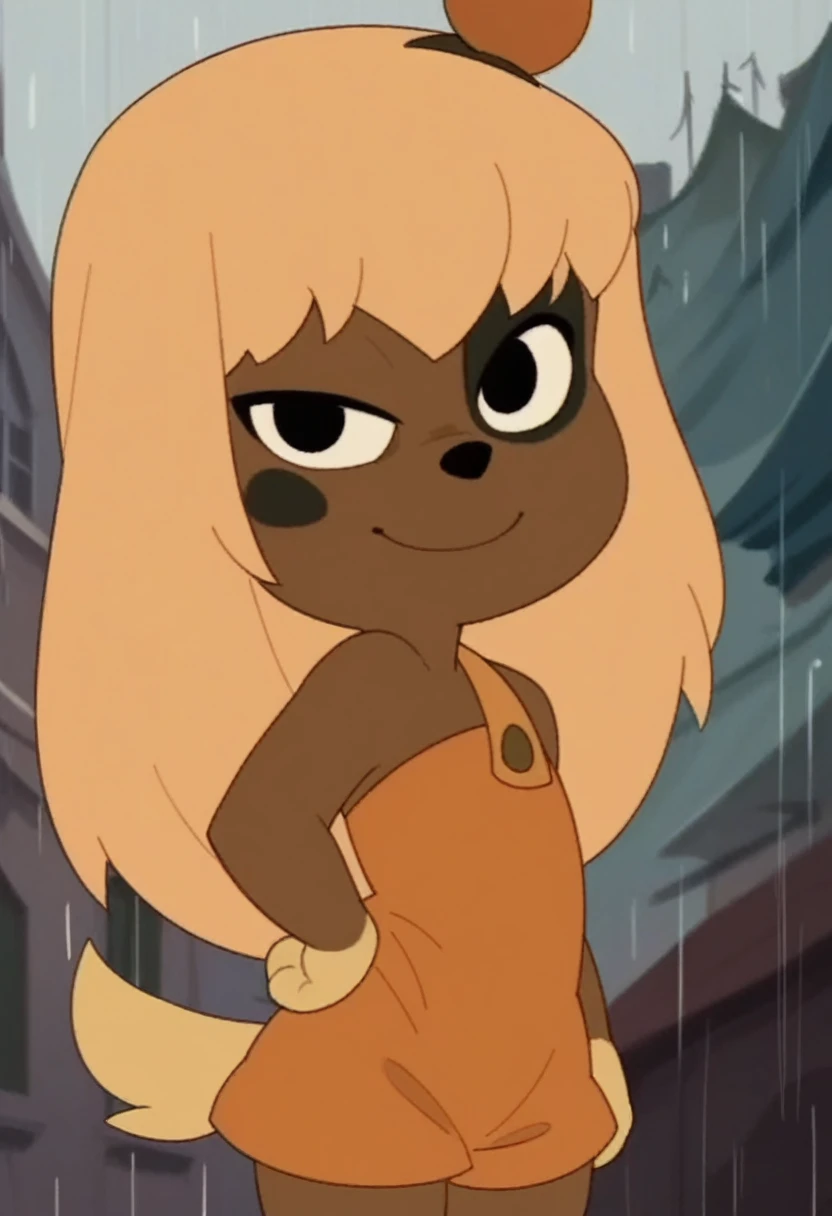 On top of a building, tall building, rainy weather ,lilotte, solo, 1girl, furry female, long hair, dog ears, black eyes, dog tail, orange overalls, blonde hair, outdoors, dog girl, smile, looking at viewer, hand on own hip, cowboy shot,, score_9, score_8_up, score_7_up, score_6_up, score_5_up, score_4_up