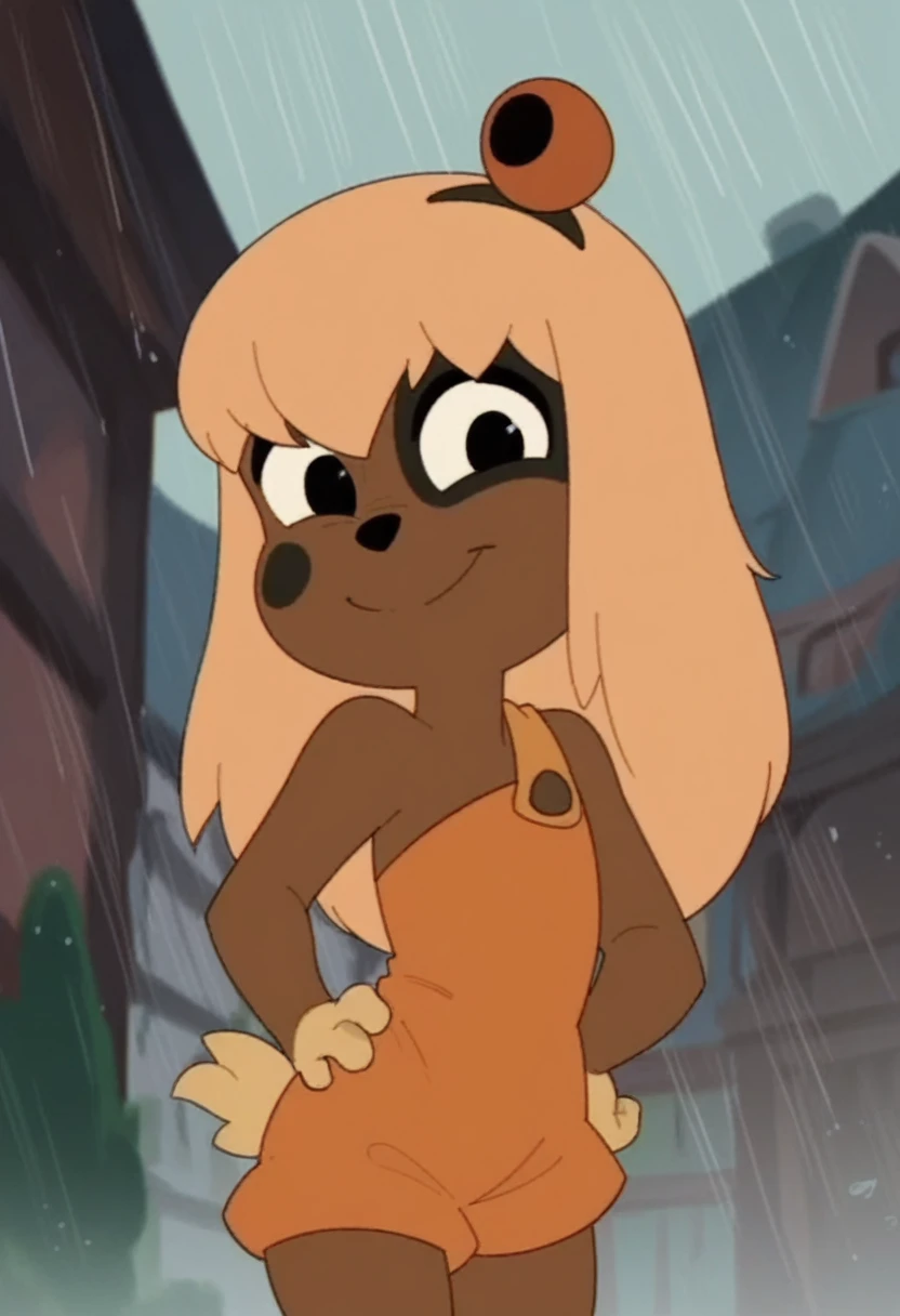 On top of a building, tall building, rainy weather ,lilotte, solo, 1girl, furry female, long hair, dog ears, black eyes, dog tail, orange overalls, blonde hair, outdoors, dog girl, smile, looking at viewer, hand on own hip, cowboy shot,, score_9, score_8_up, score_7_up, score_6_up, score_5_up, score_4_up