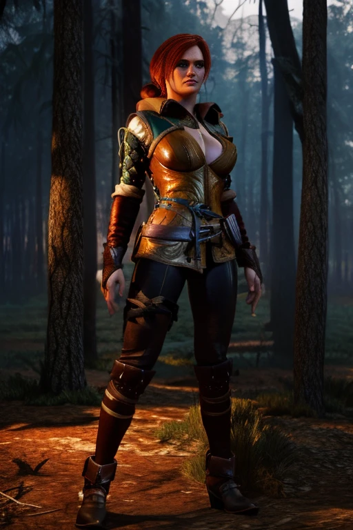 Tris Merigold in a hunting outfit seductively in a dark forest, looks like a whore porn hentai art 3D